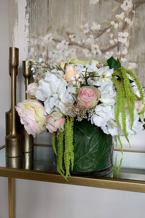 Roses, Hydrangeas and Amaranthus in a Leaf Lined Cylinder