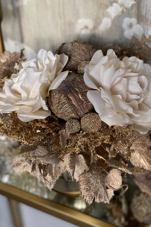 Roses, Champagne gold branches and Baubles in a Goldfish Bowl