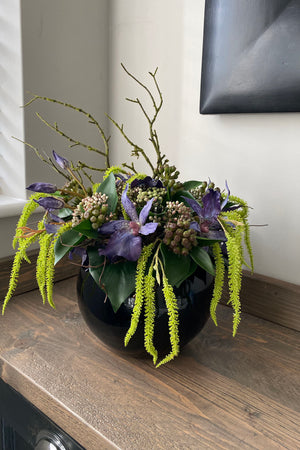 Spider Orchid, Ivy and Catkin in a Black Goldfish Bowl