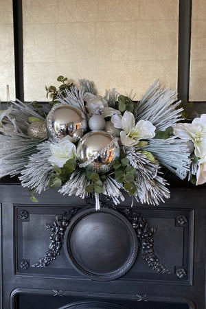 Flocked Spruce Garland with Amaryllis, Eucalyptus and  Baubles