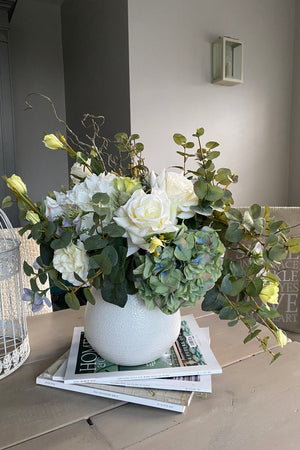 Hydrangea, Roses and Thistles in a White Ceramic Vase (Medium)