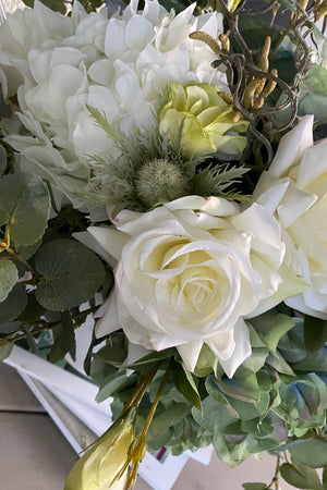 Hydrangea, Roses and Thistles in a White Ceramic Vase (Medium)