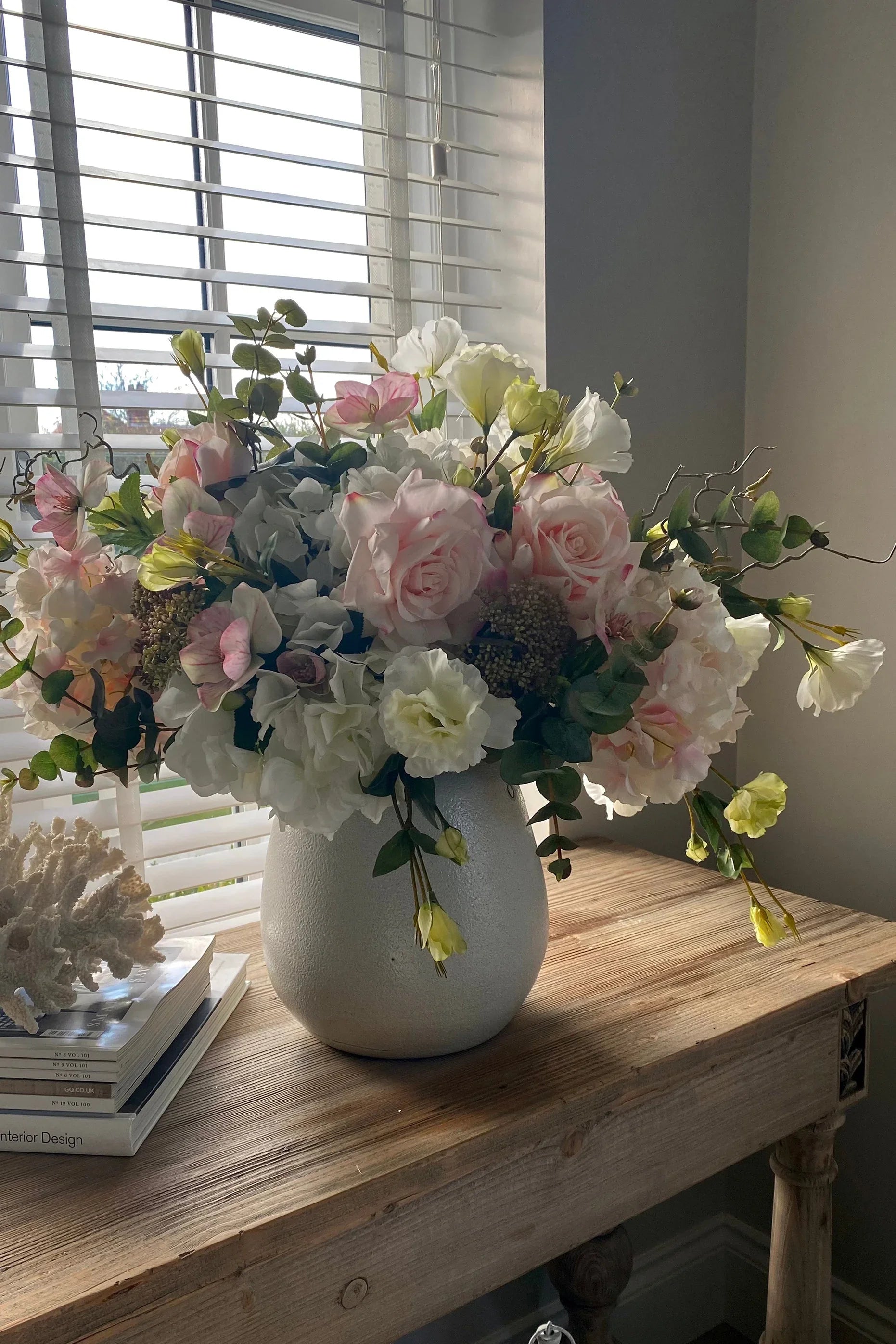 Hydrangeas, Hellebores and Roses in a White Ceramic Pot (Large) RTfact Flowers 