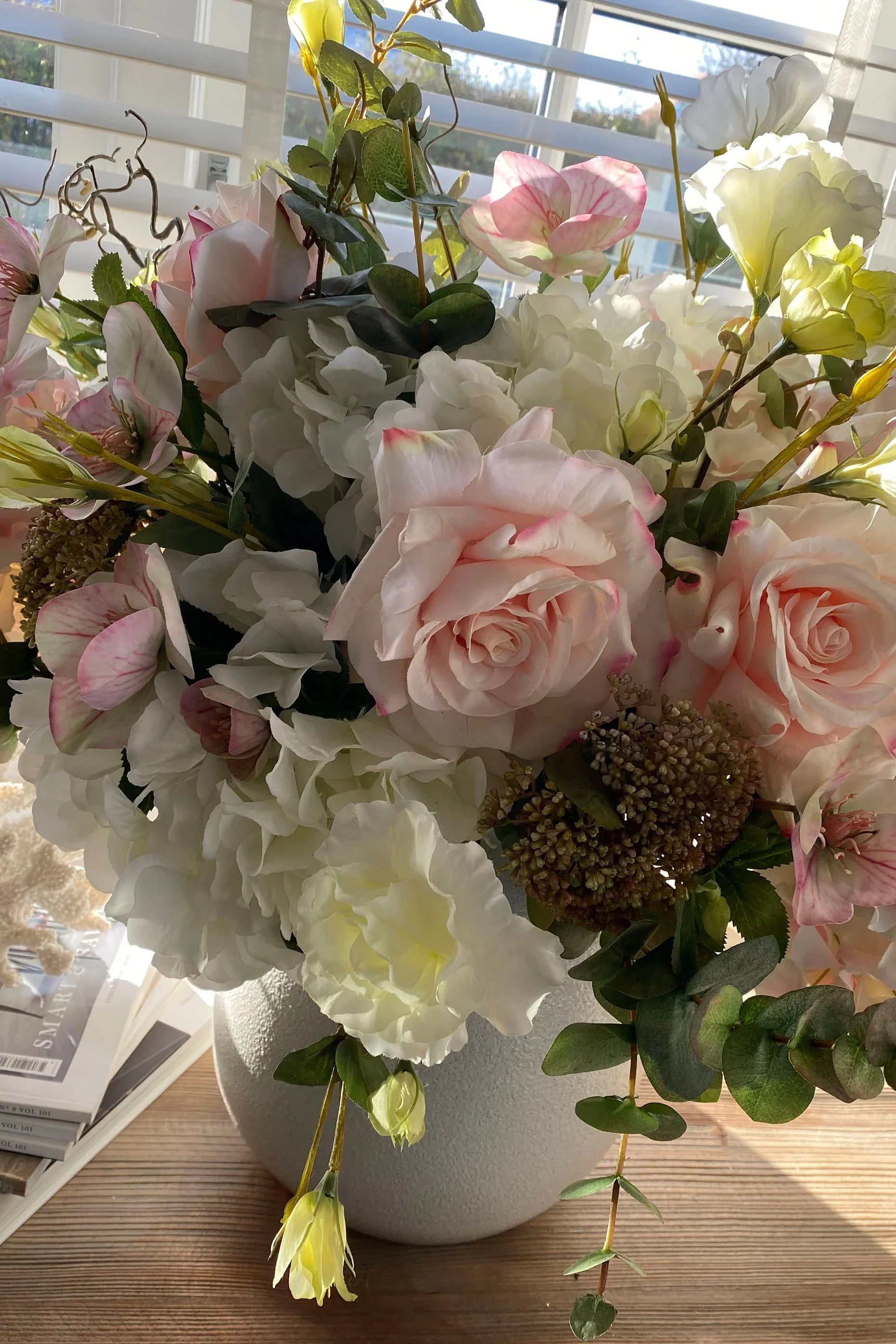 Hydrangeas, Hellebores and Roses in a White Ceramic Pot (Large) RTfact Flowers 