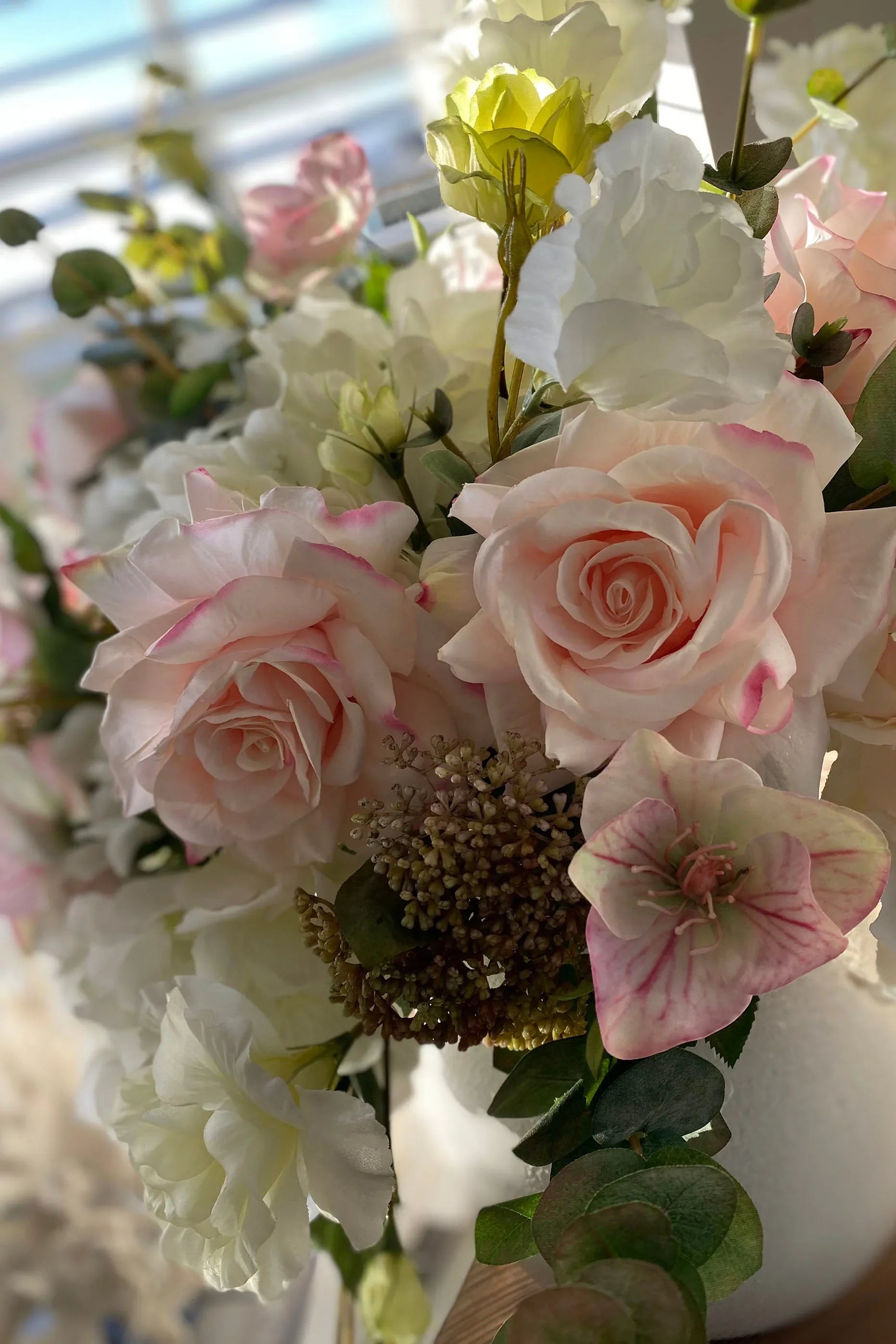 Hydrangeas, Hellebores and Roses in a White Ceramic Pot (Large) RTfact Flowers 