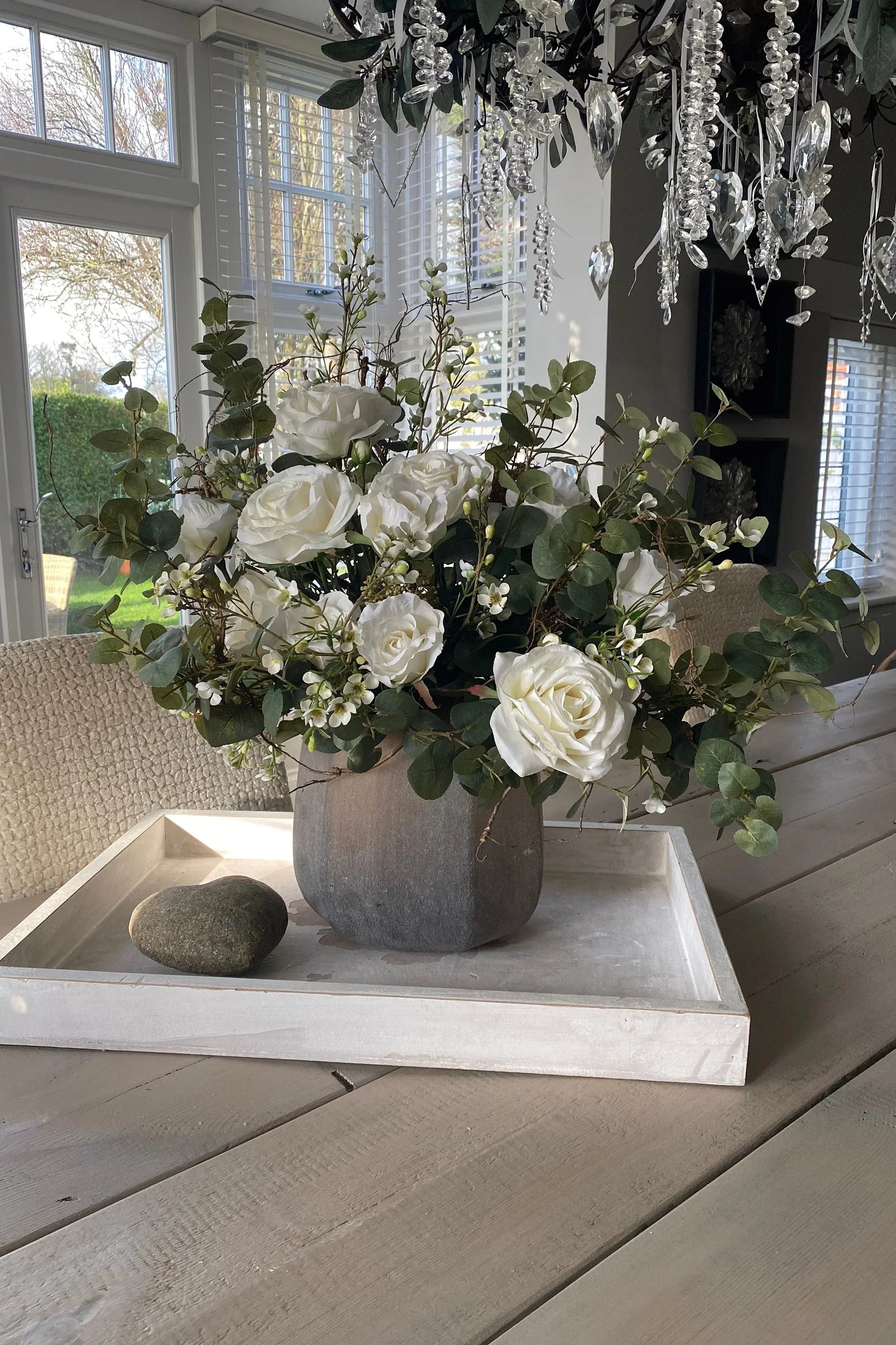 Eucalyptus and Roses in a Taupe Frosted Vase RTfact Flowers 