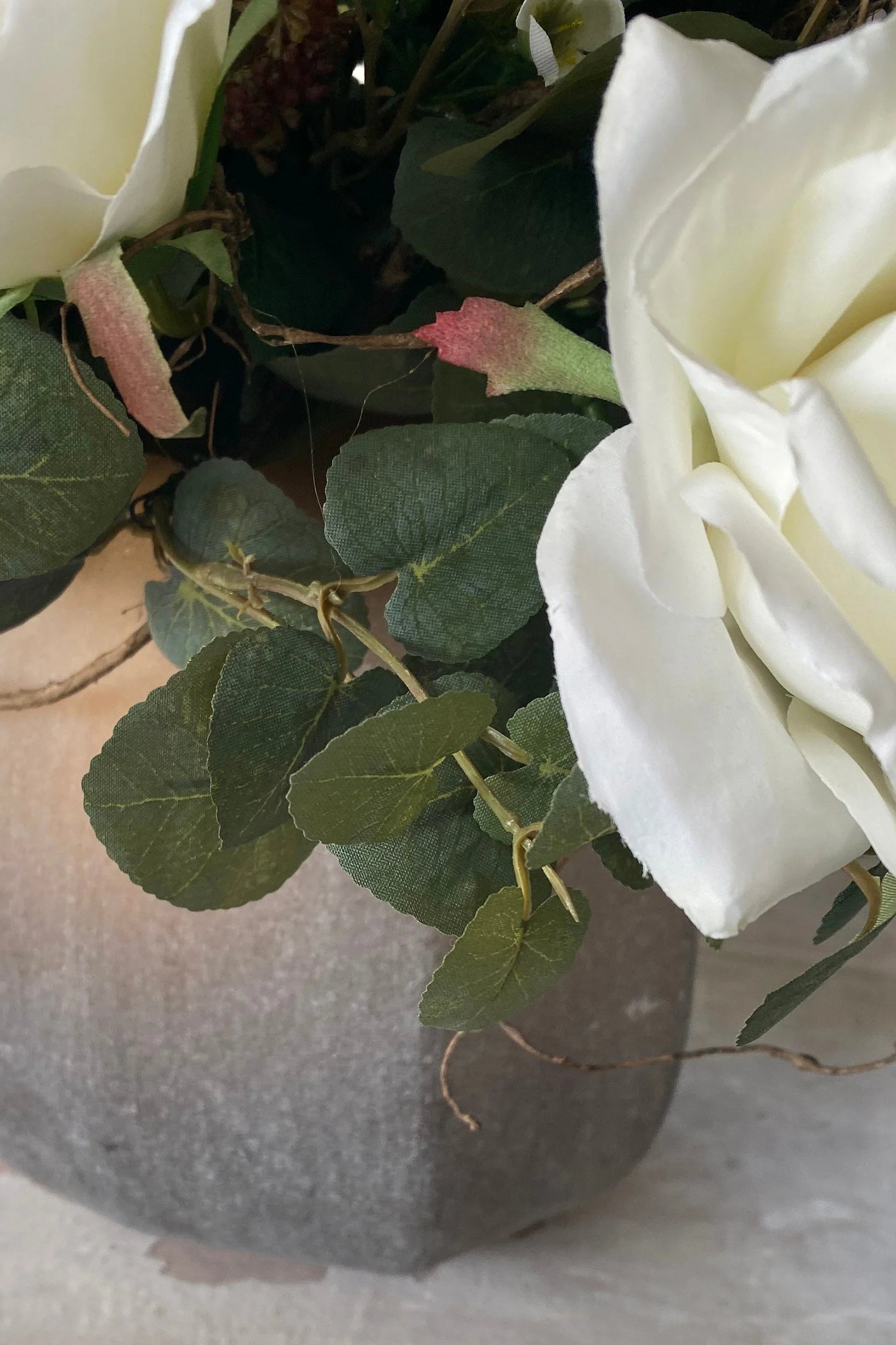 Eucalyptus and Roses in a Taupe Frosted Vase RTfact Flowers 