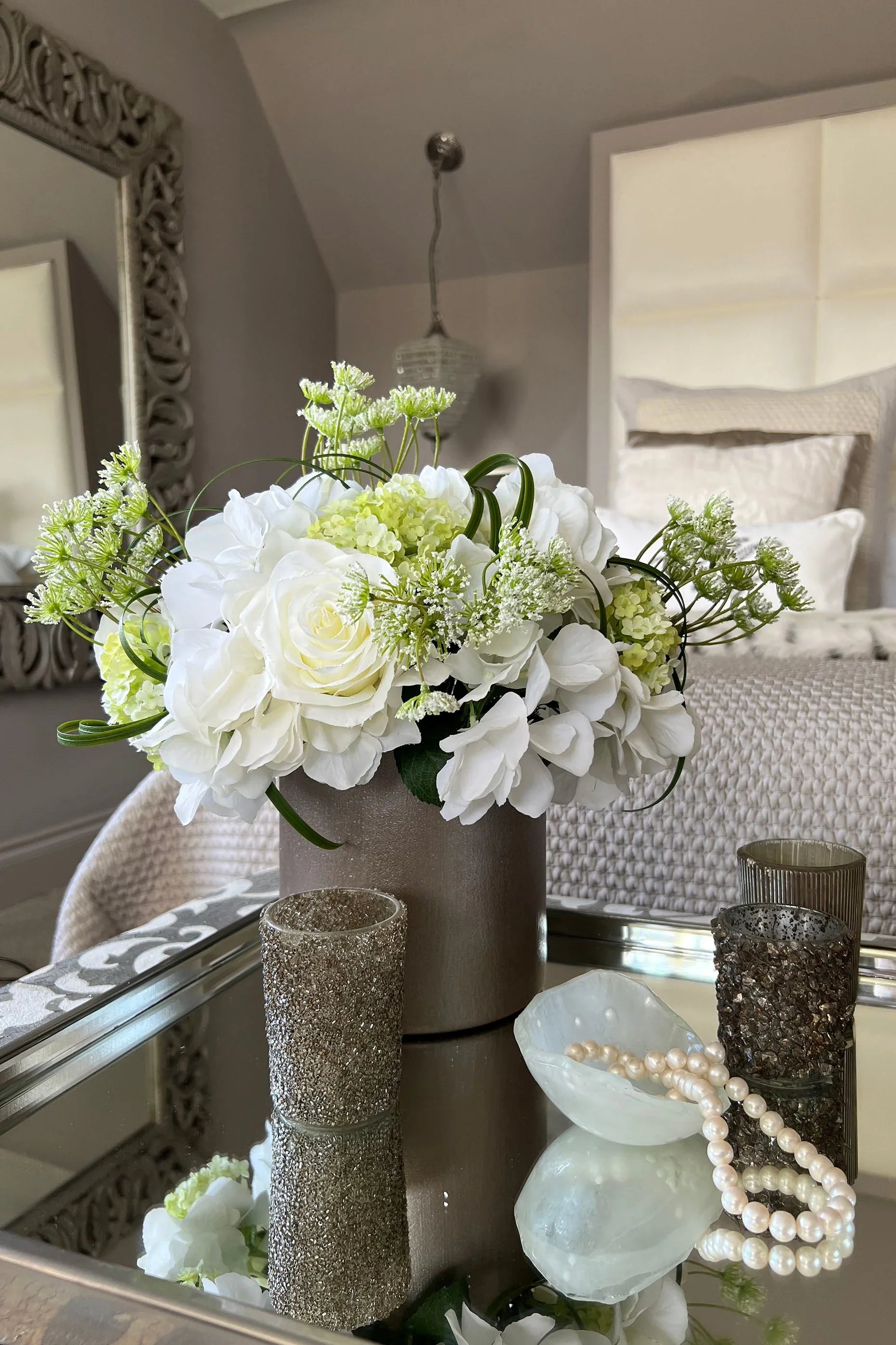 Rose, Hydrangea and Queen Anne's Lace in a Champagne Bronze Vase (White) RTfact Flowers 