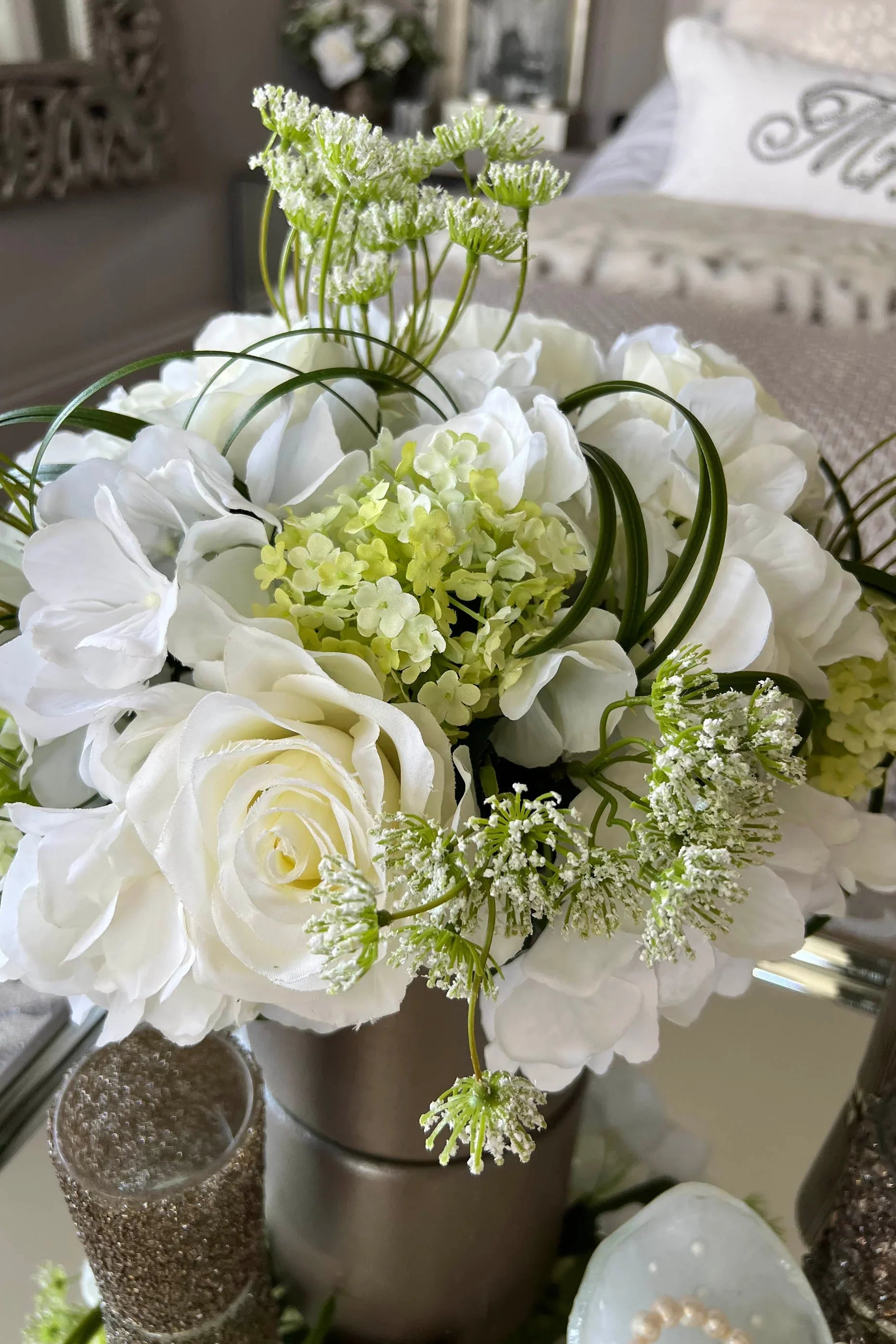 Rose, Hydrangea and Queen Anne's Lace in a Champagne Bronze Vase (White) RTfact Flowers 