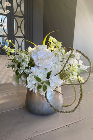 Rose, Queen Anne's Lace and Hydrangea in a Silver/Gold Frosted Glass Vase