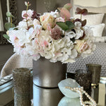 Rose, Hydrangea and Eucalyptus in a Champagne Bronze Vase RTfact Flowers 