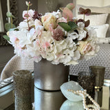 Rose, Hydrangea and Eucalyptus in a Champagne Bronze Vase RTfact Flowers 