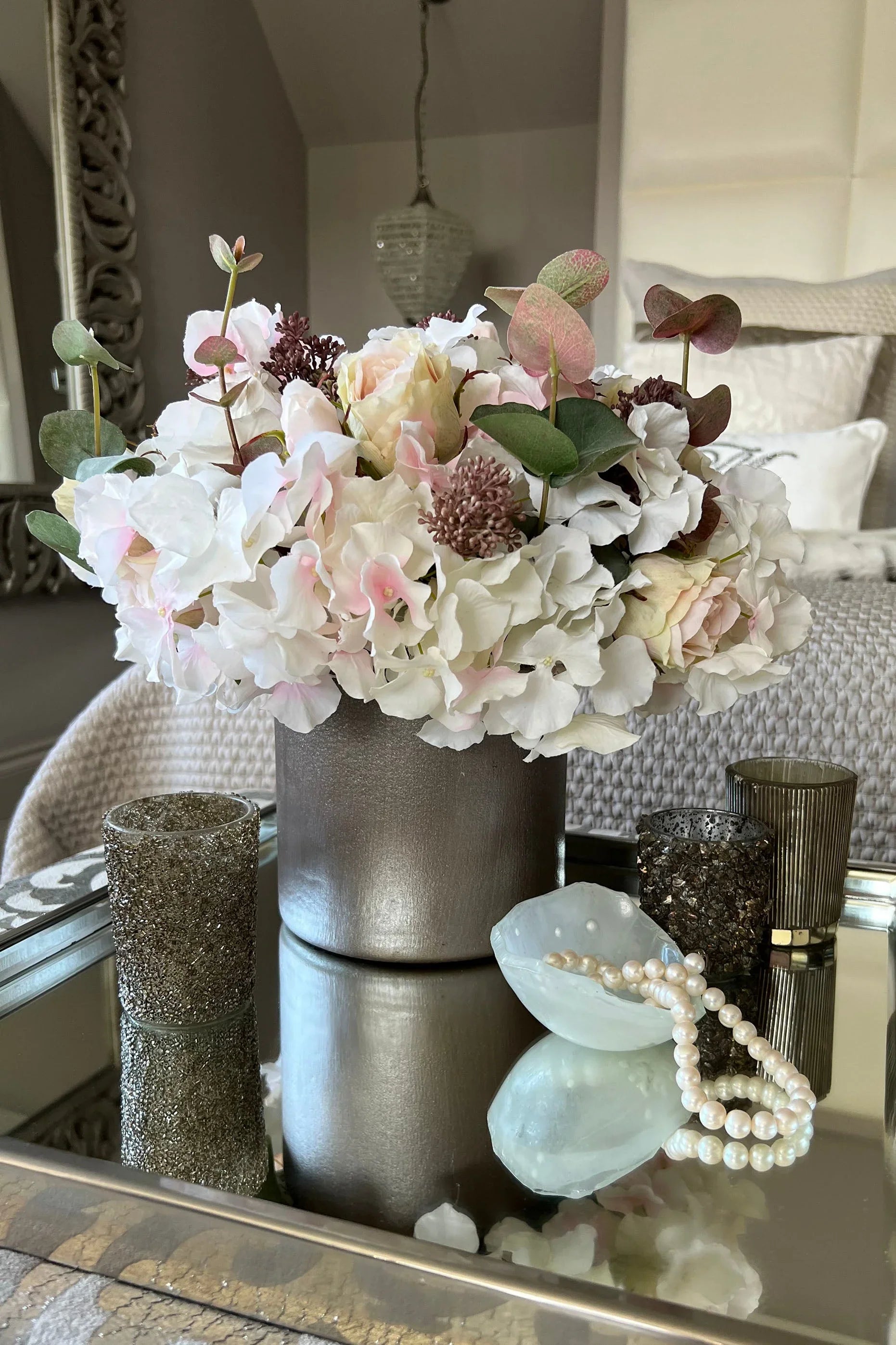 Rose, Hydrangea and Eucalyptus in a Champagne Bronze Vase RTfact Flowers 
