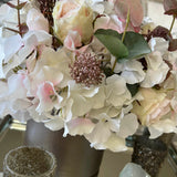 Rose, Hydrangea and Eucalyptus in a Champagne Bronze Vase RTfact Flowers 