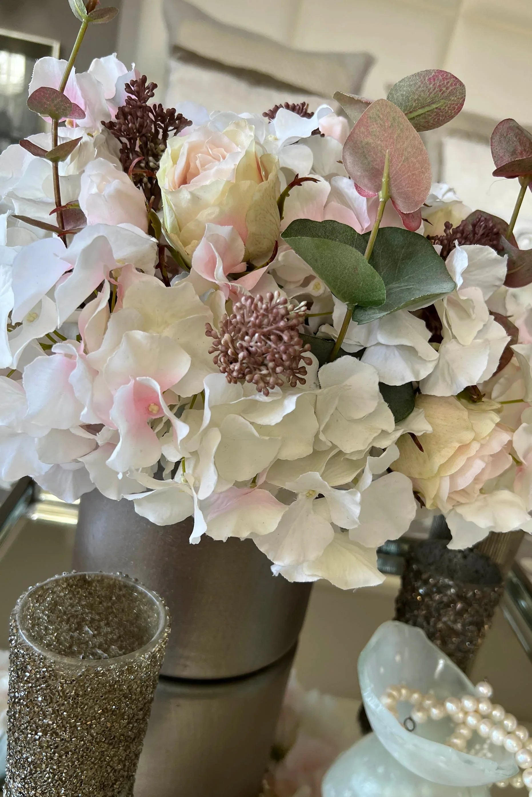 Rose, Hydrangea and Eucalyptus in a Champagne Bronze Vase RTfact Flowers 