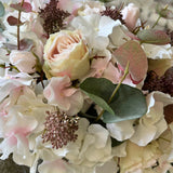 Rose, Hydrangea and Eucalyptus in a Champagne Bronze Vase RTfact Flowers 