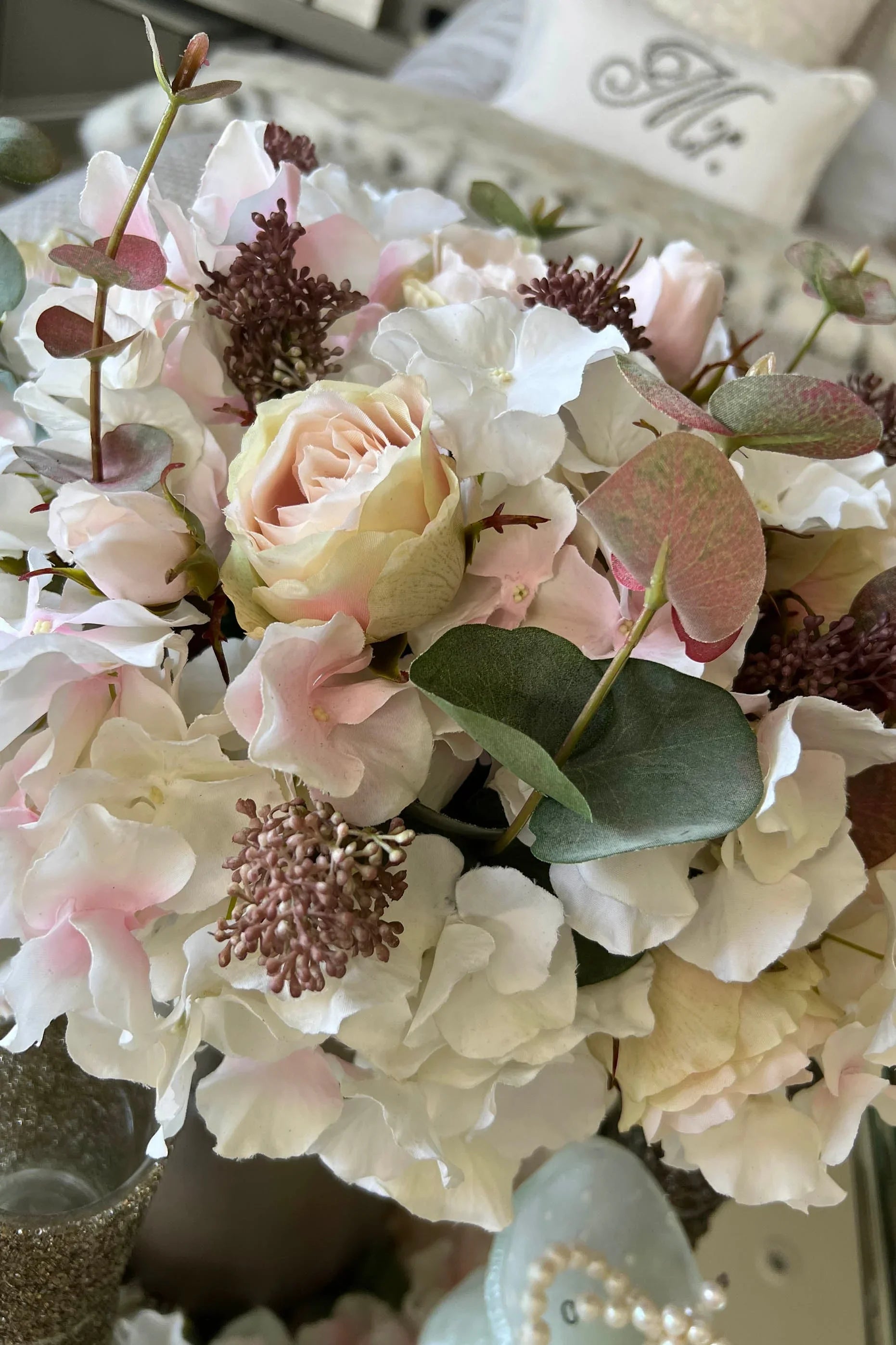 Rose, Hydrangea and Eucalyptus in a Champagne Bronze Vase RTfact Flowers 