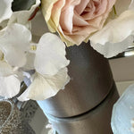 Rose, Hydrangea and Eucalyptus in a Champagne Bronze Vase RTfact Flowers 