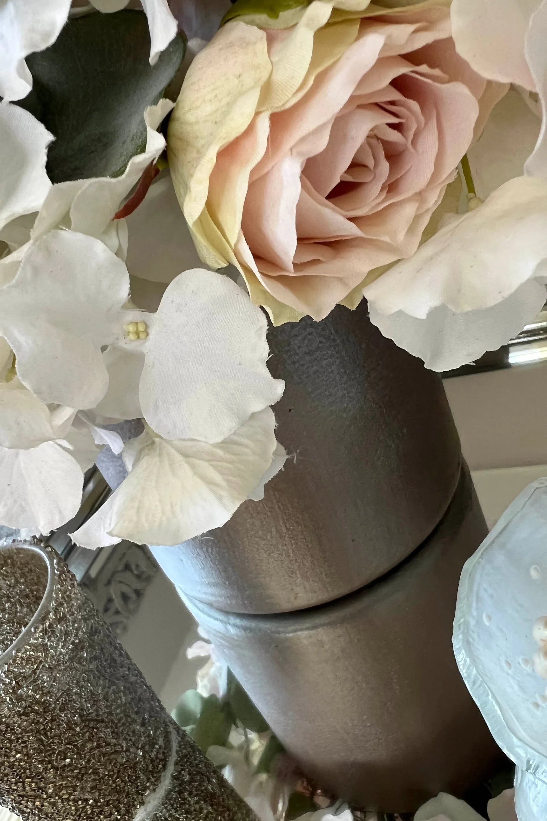 Rose, Hydrangea and Eucalyptus in a Champagne Bronze Vase RTfact Flowers 