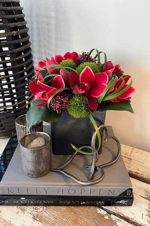 Cymbidium Orchids with Dianthus in a Pewter Stone Cube
