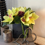 Cymbidium Orchids with Dianthus in a Pewter Stone Cube (Yellow) RTfact Flowers 