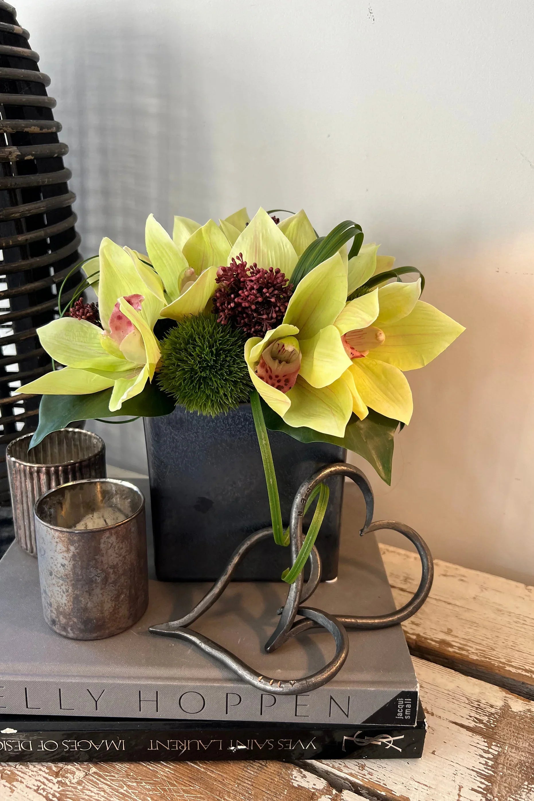 Cymbidium Orchids with Dianthus in a Pewter Stone Cube (Yellow) RTfact Flowers 