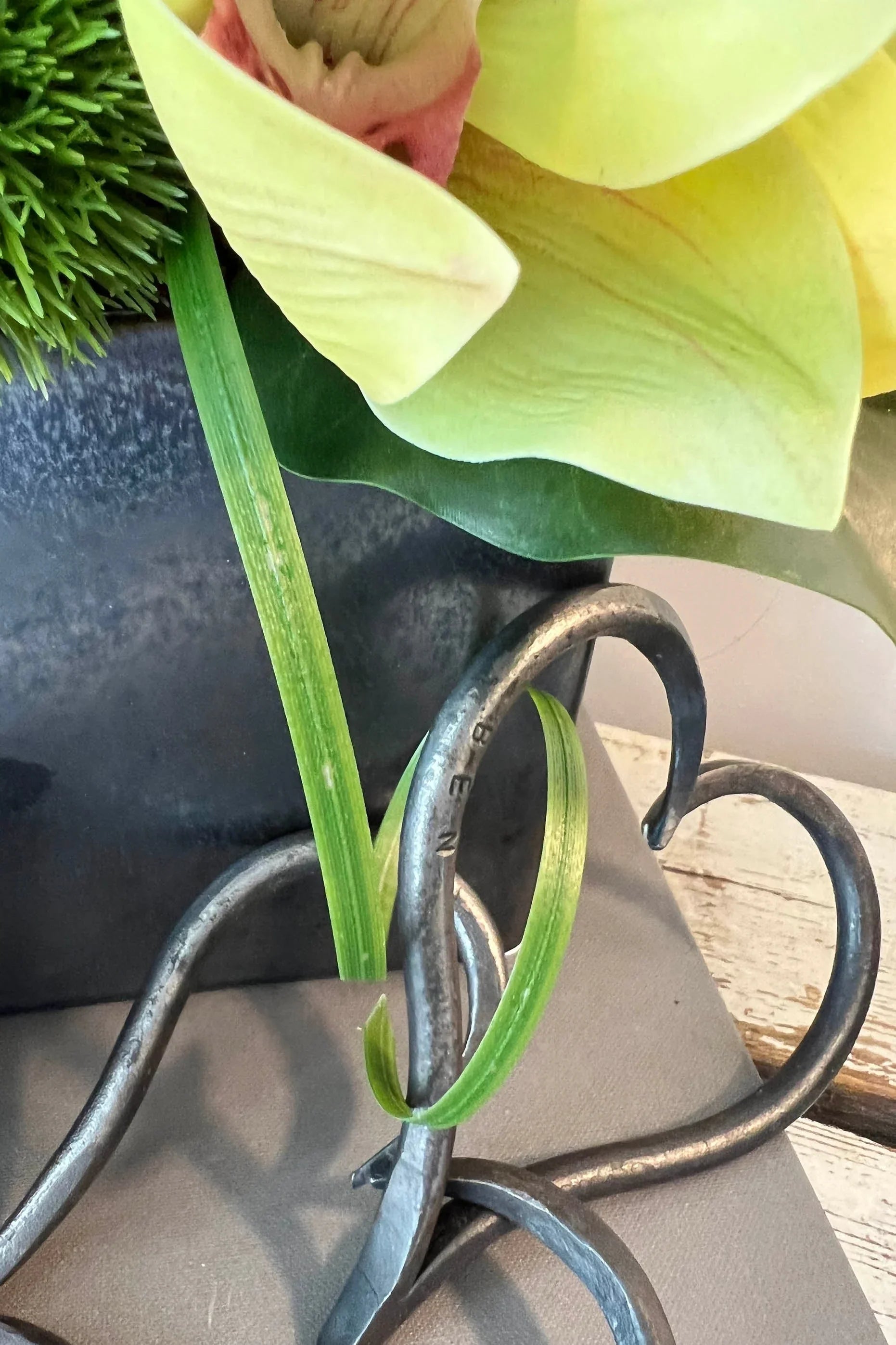 Cymbidium Orchids with Dianthus in a Pewter Stone Cube (Yellow) RTfact Flowers 