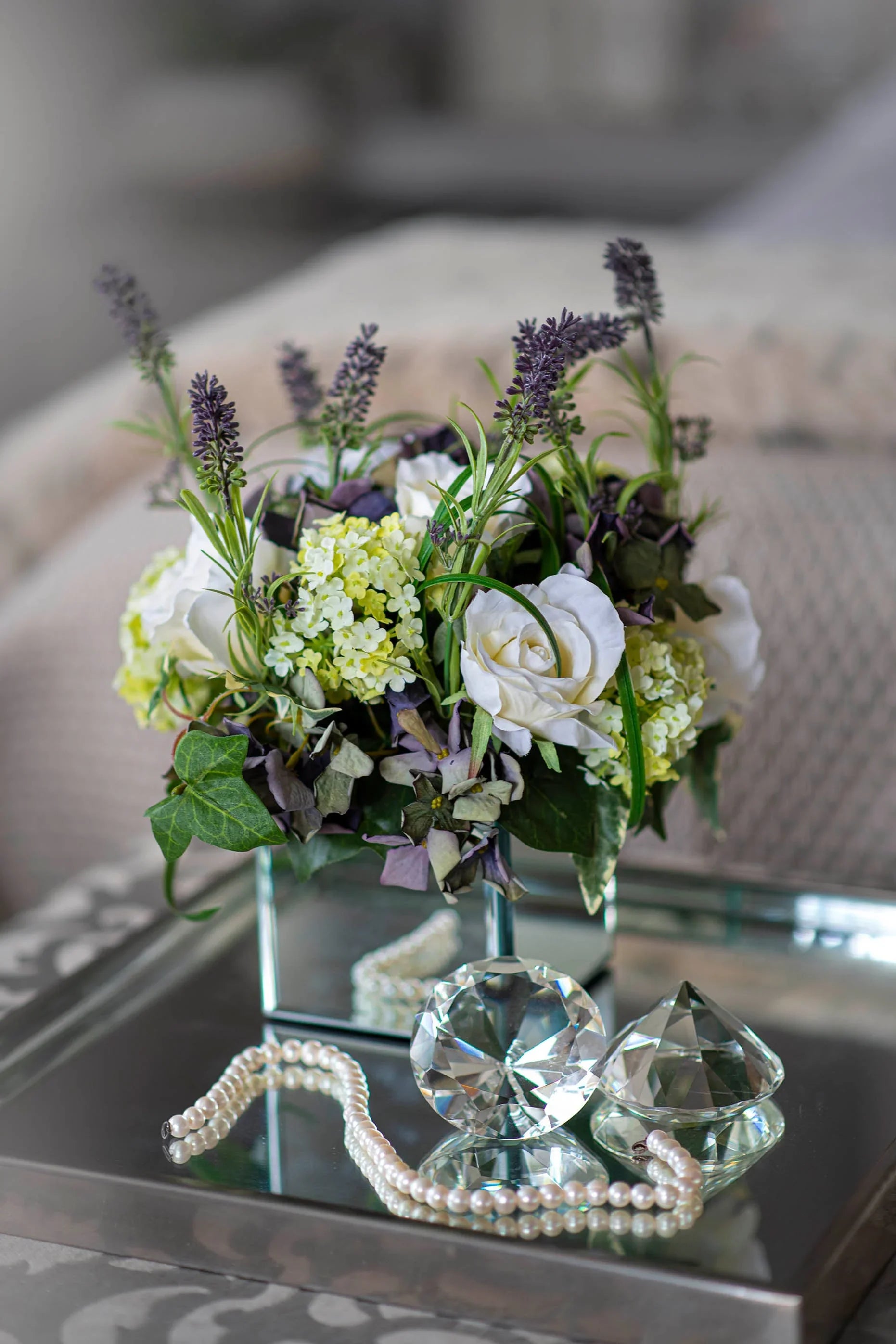 Lavender, Hydrangea and Rose in a Mirrored Cube RTfact Flowers 