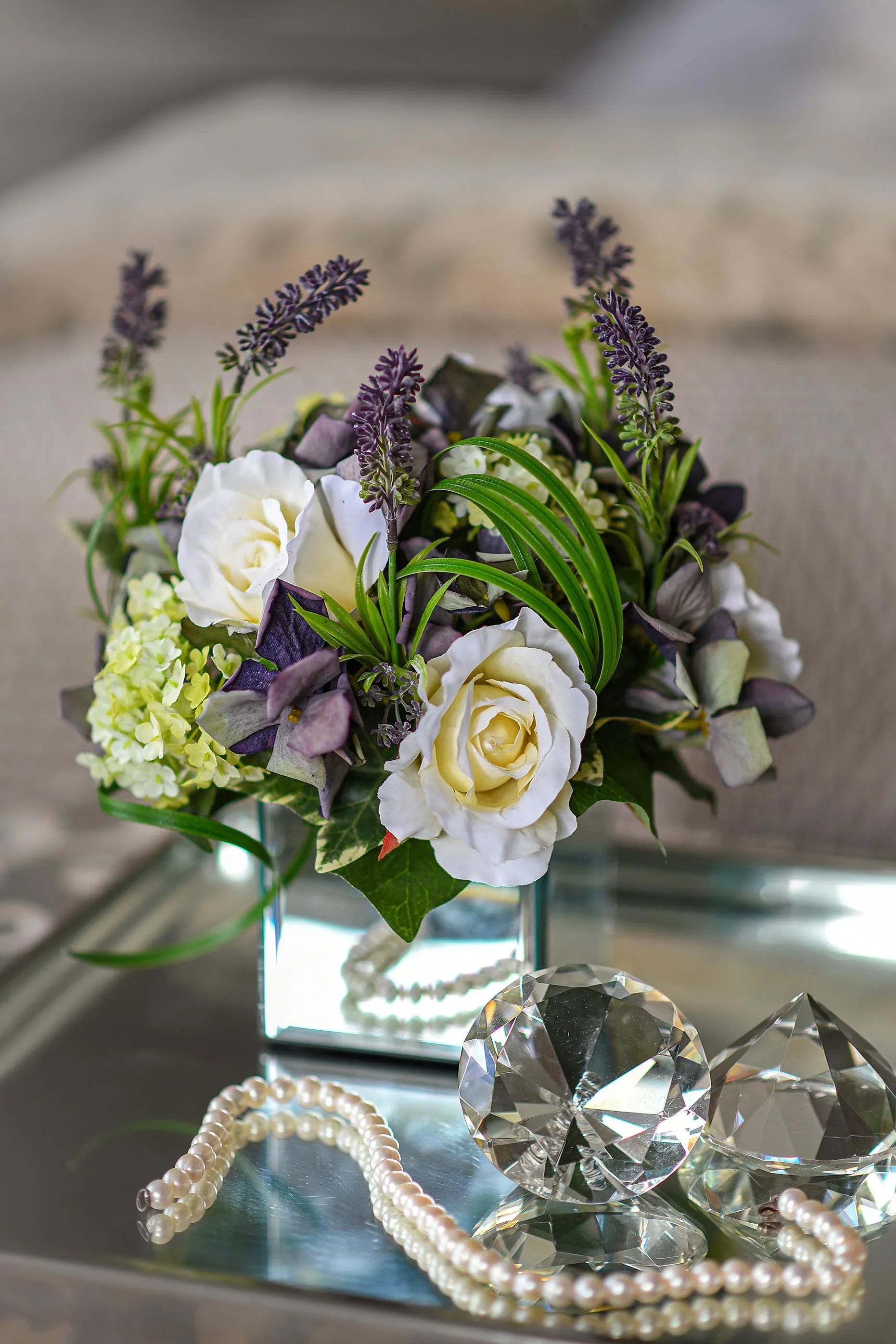 Lavender, Hydrangea and Rose in a Mirrored Cube RTfact Flowers 
