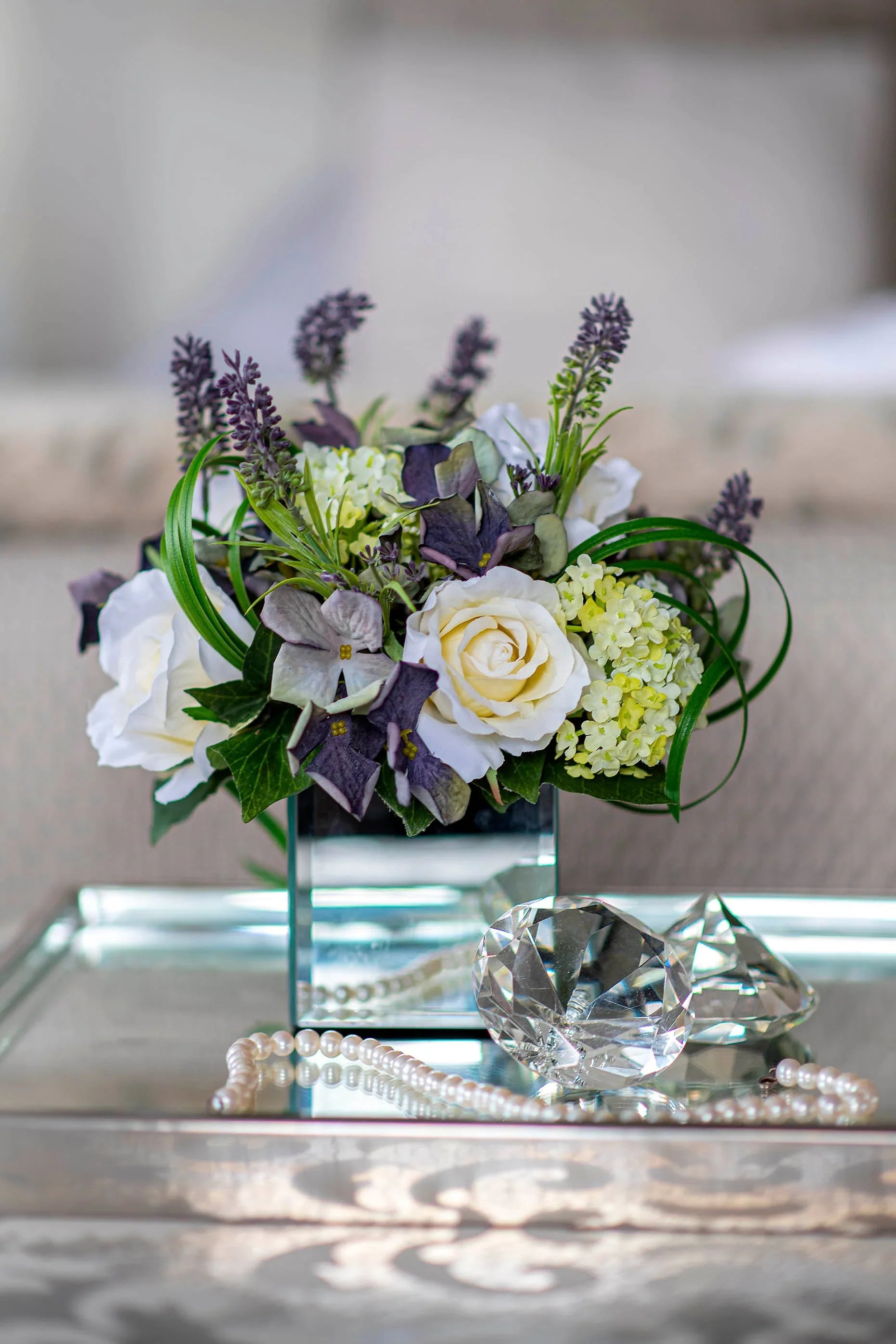 Lavender, Hydrangea and Rose in a Mirrored Cube RTfact Flowers 