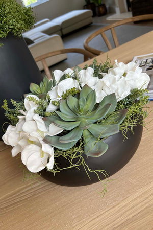 Vanda Orchids, Succulents and Watergrass in a Black Bamboo Bowl