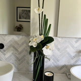 Orchid and Dianthus in Tall Black Glass Cylinder RTfact Flowers 