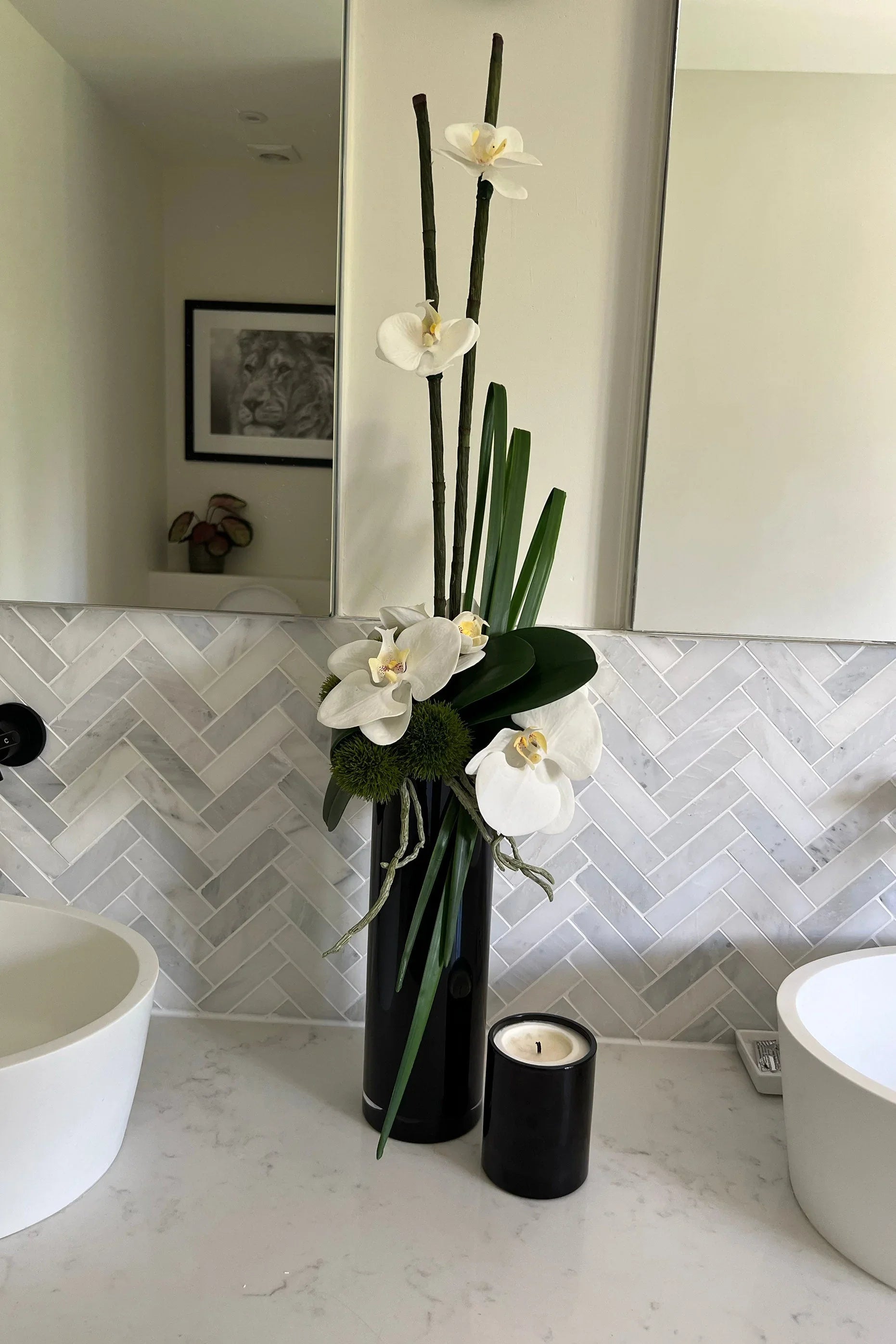 Orchid and Dianthus in Tall Black Glass Cylinder RTfact Flowers 