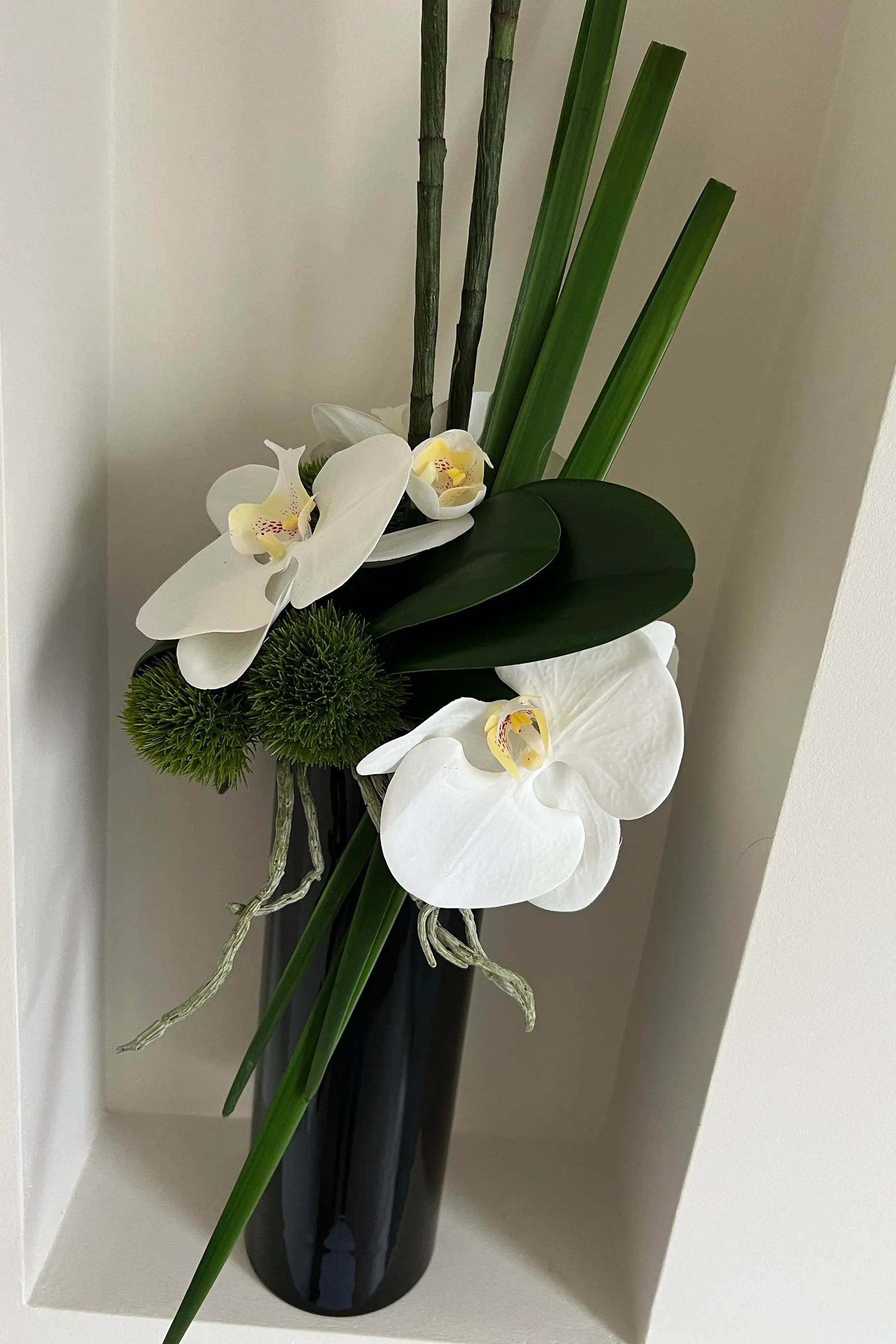 Orchid and Dianthus in Tall Black Glass Cylinder RTfact Flowers 