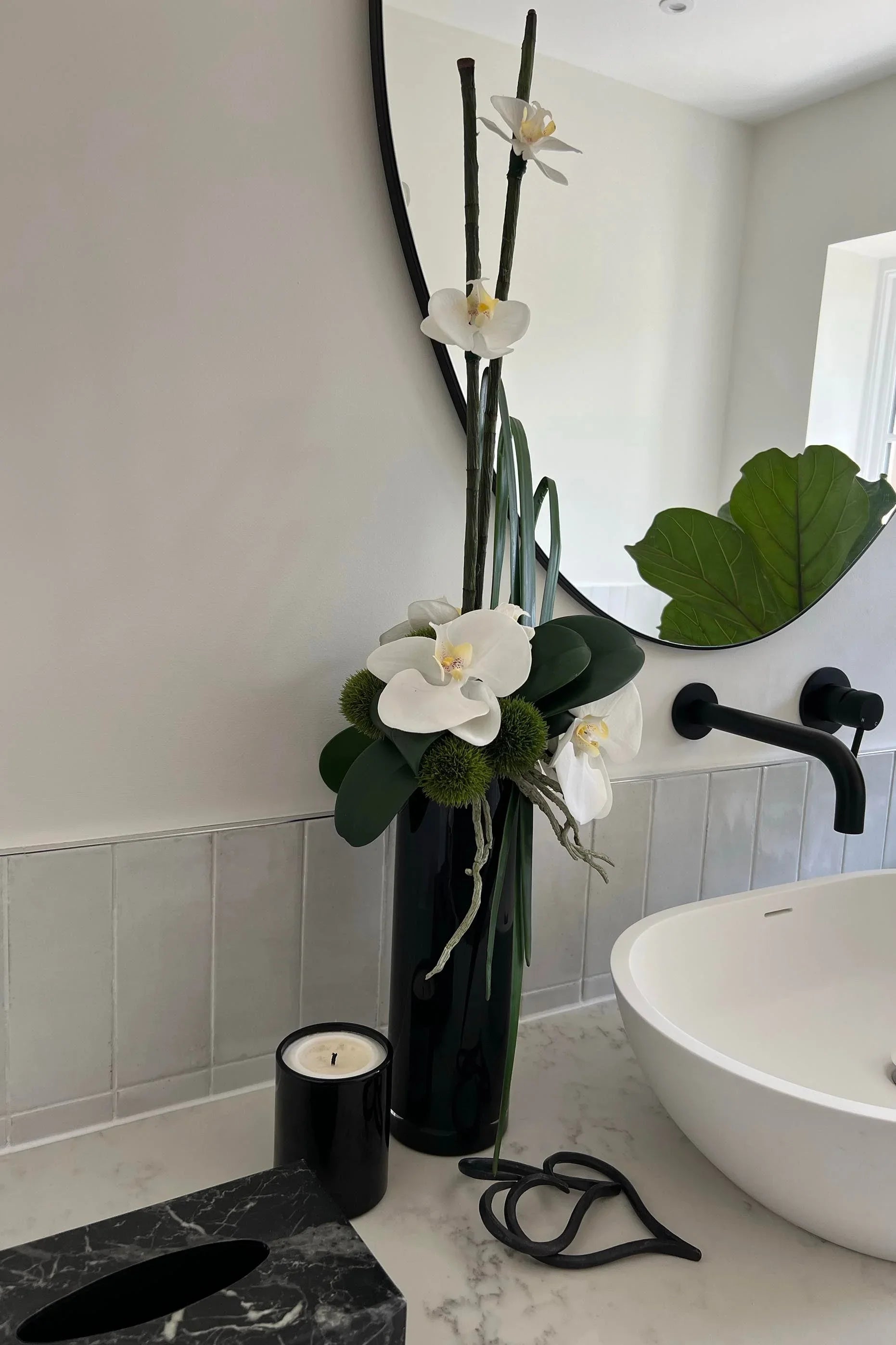 Orchid and Dianthus in Tall Black Glass Cylinder RTfact Flowers 