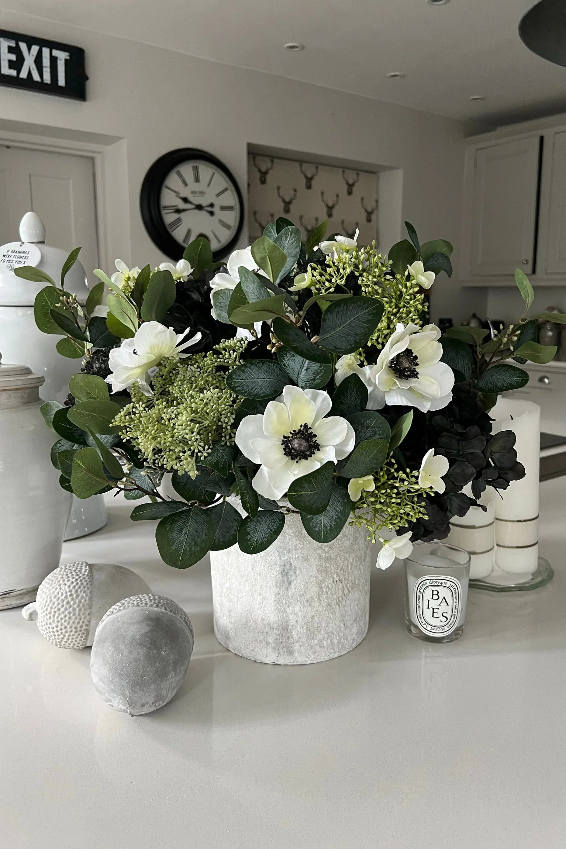 Hydrangeas, Eucalyptus and Anemone in a Stone Pot RTfact Flowers 