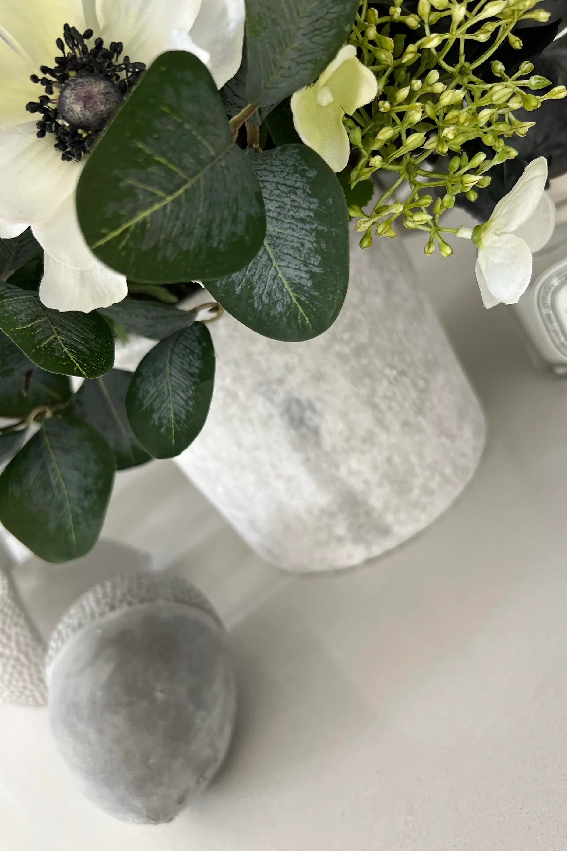 Hydrangeas, Eucalyptus and Anemone in a Stone Pot RTfact Flowers 