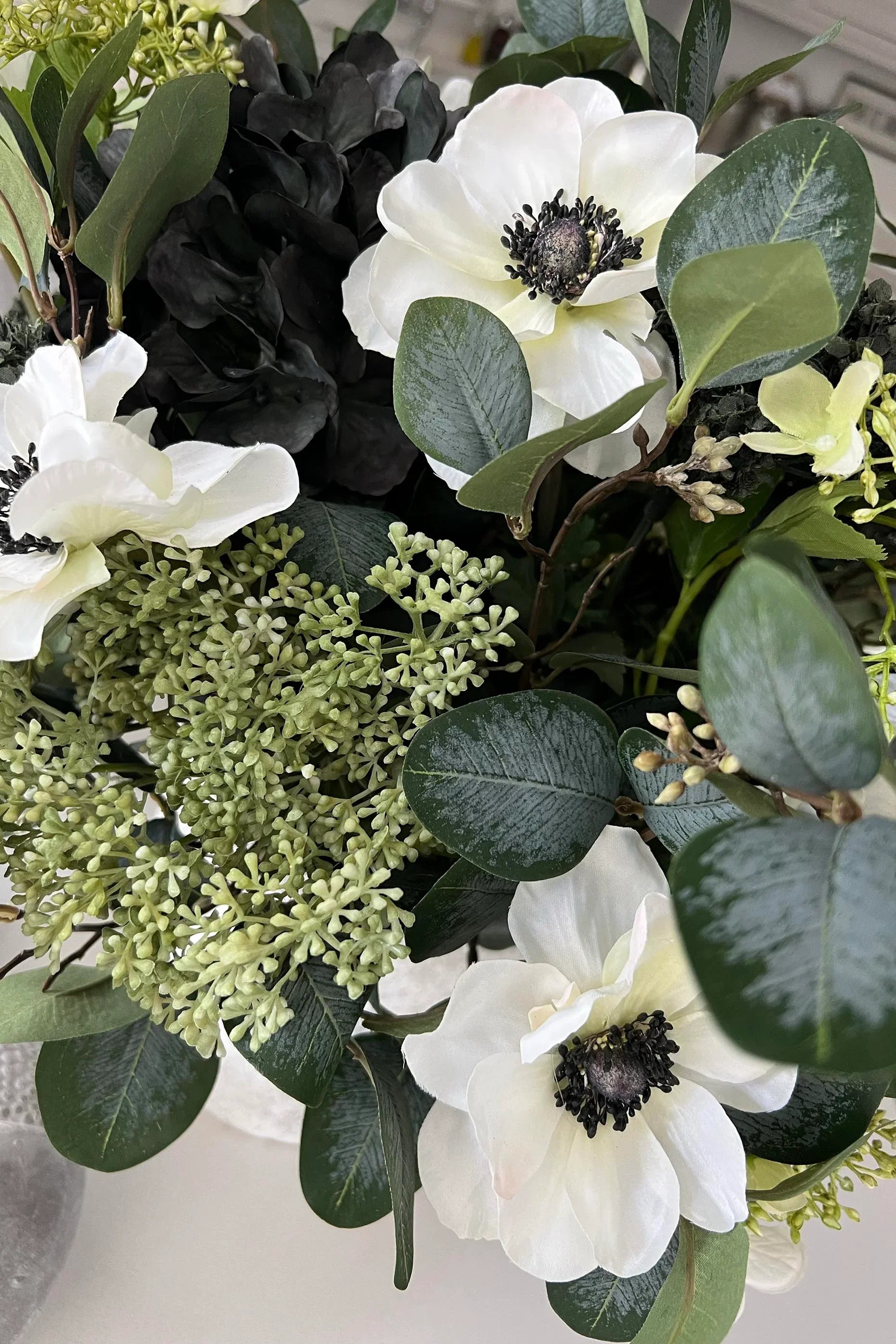 Hydrangeas, Eucalyptus and Anemone in a Stone Pot RTfact Flowers 