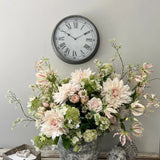 Dahlia, Guelder Rose, Roses and Queen Anne's Lace in a Grey Stone Pot RTfact Flowers 