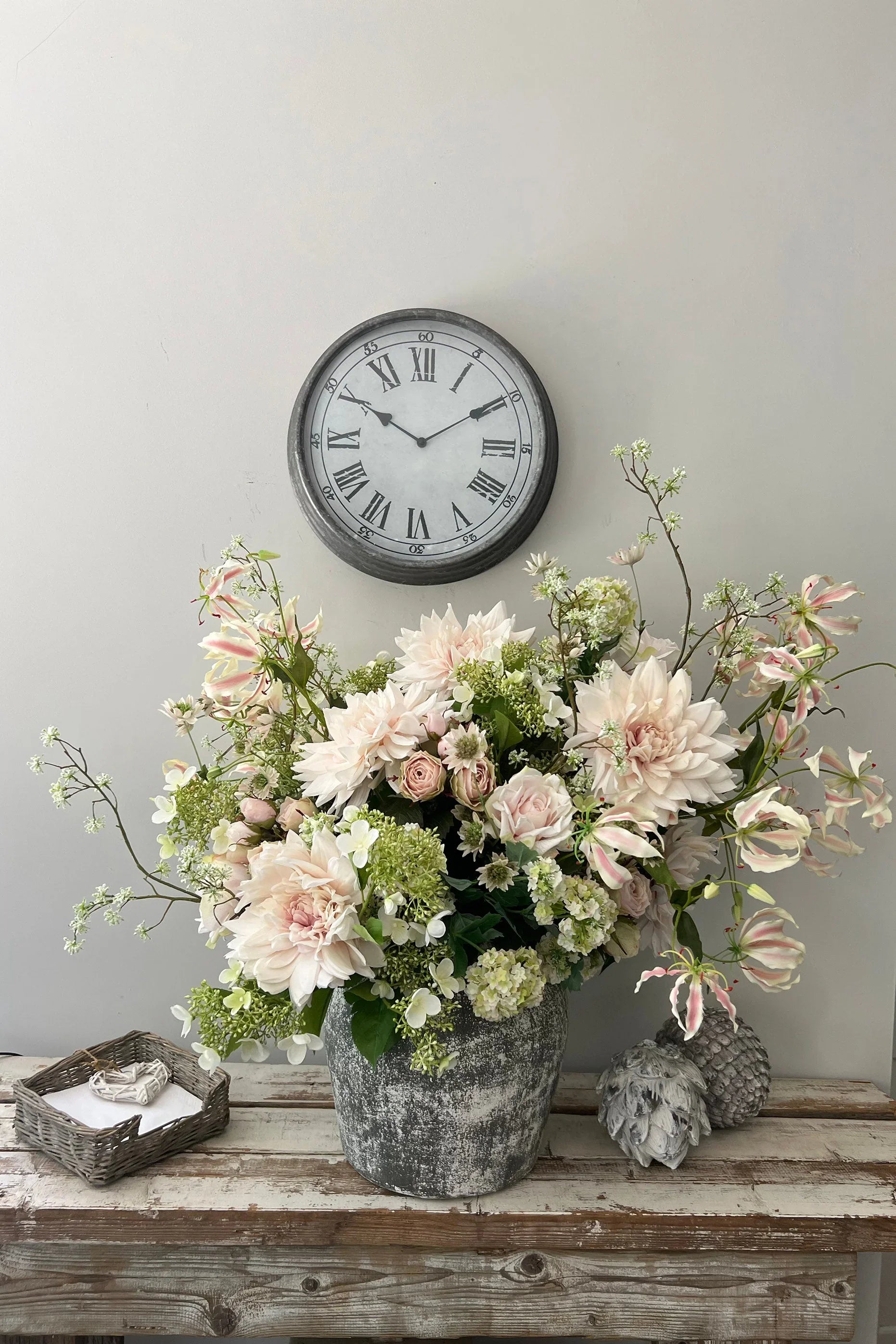 Dahlia, Guelder Rose, Roses and Queen Anne's Lace in a Grey Stone Pot RTfact Flowers 