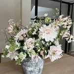 Dahlia, Guelder Rose, Roses and Queen Anne's Lace in a Grey Stone Pot RTfact Flowers 