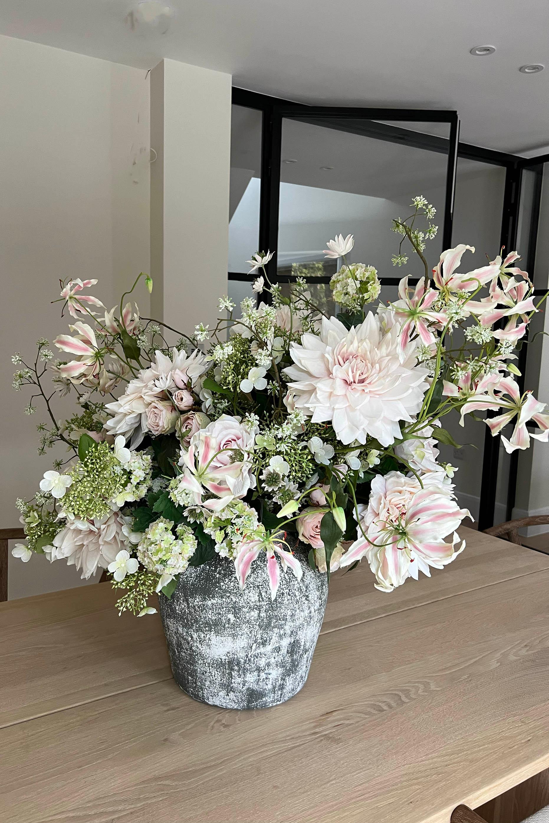 Dahlia, Guelder Rose, Roses and Queen Anne's Lace in a Grey Stone Pot RTfact Flowers 