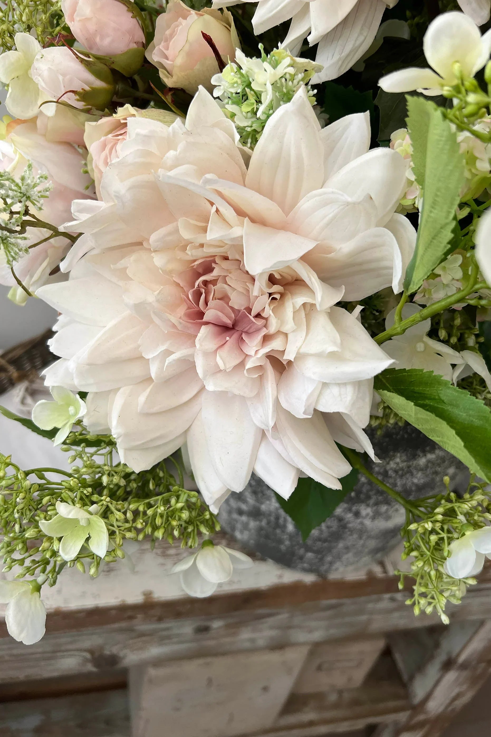 Dahlia, Guelder Rose, Roses and Queen Anne's Lace in a Grey Stone Pot RTfact Flowers 