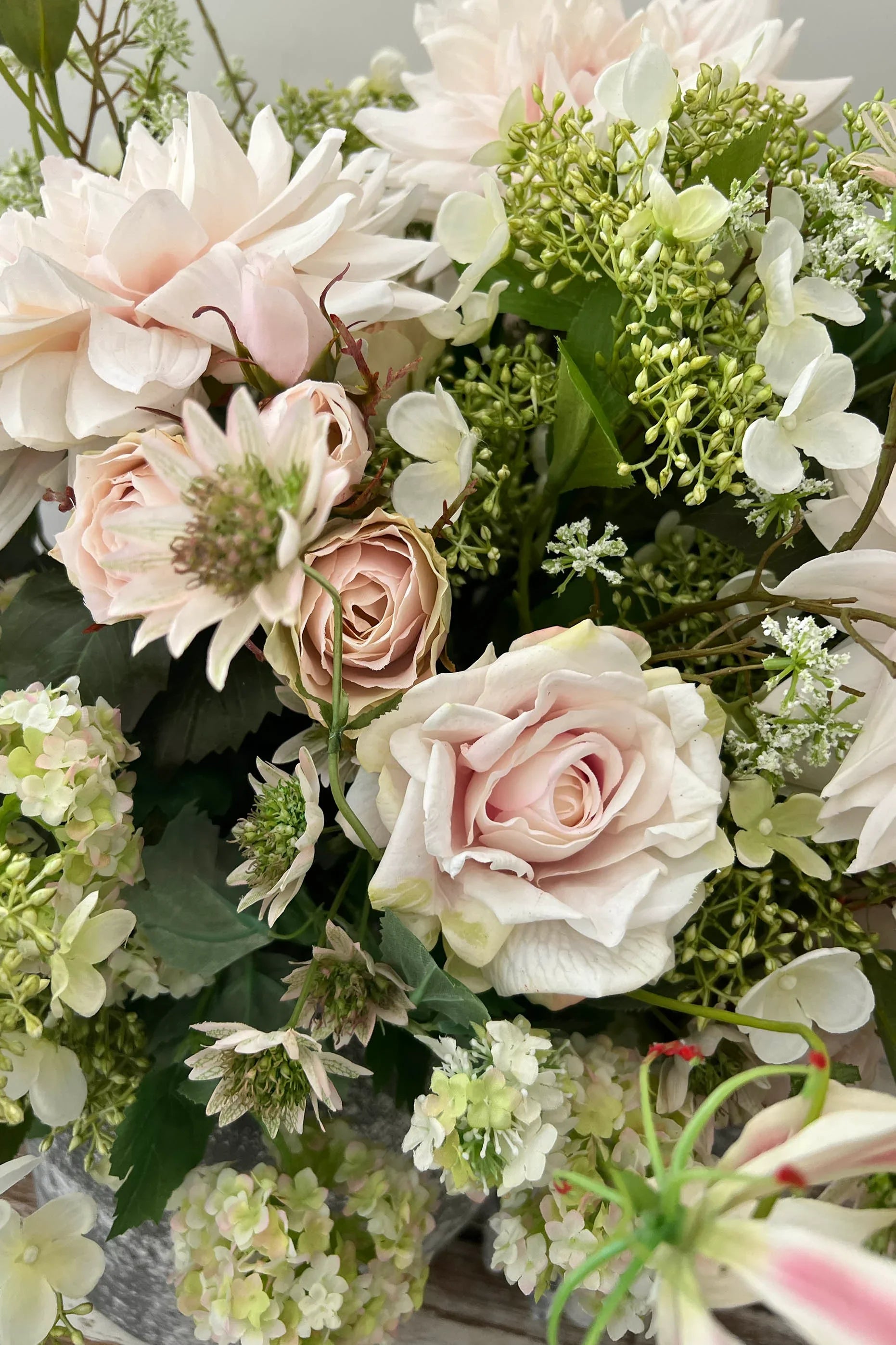 Dahlia, Guelder Rose, Roses and Queen Anne's Lace in a Grey Stone Pot RTfact Flowers 