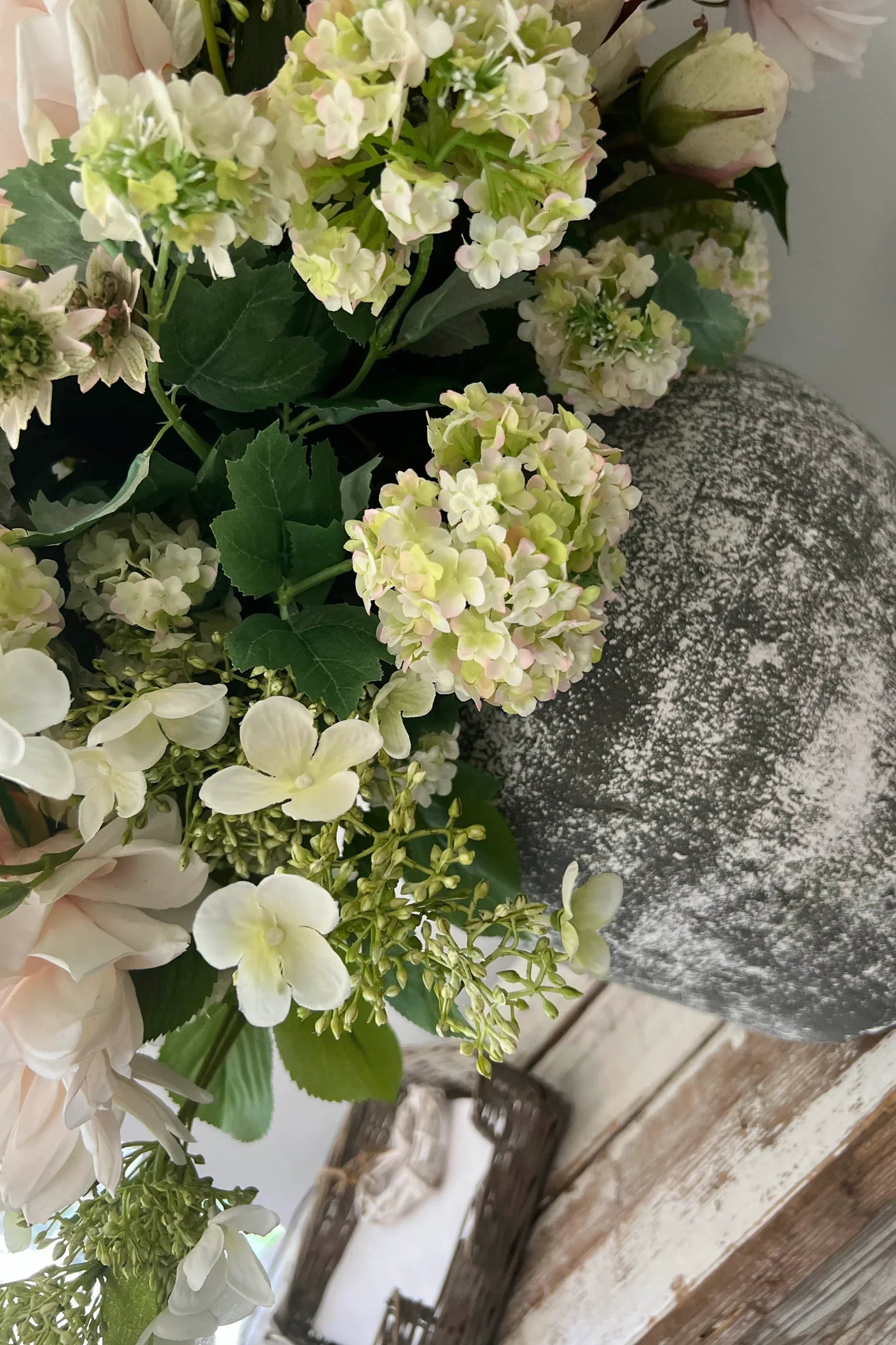 Dahlia, Guelder Rose, Roses and Queen Anne's Lace in a Grey Stone Pot RTfact Flowers 