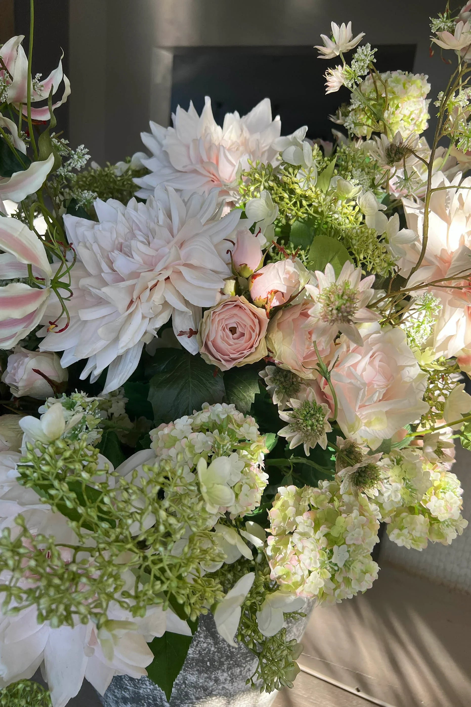 Dahlia, Guelder Rose, Roses and Queen Anne's Lace in a Grey Stone Pot RTfact Flowers 