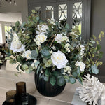 Eucalyptus, Astrantia and  Roses in an Opaque Glass Vase RTfact Flowers 