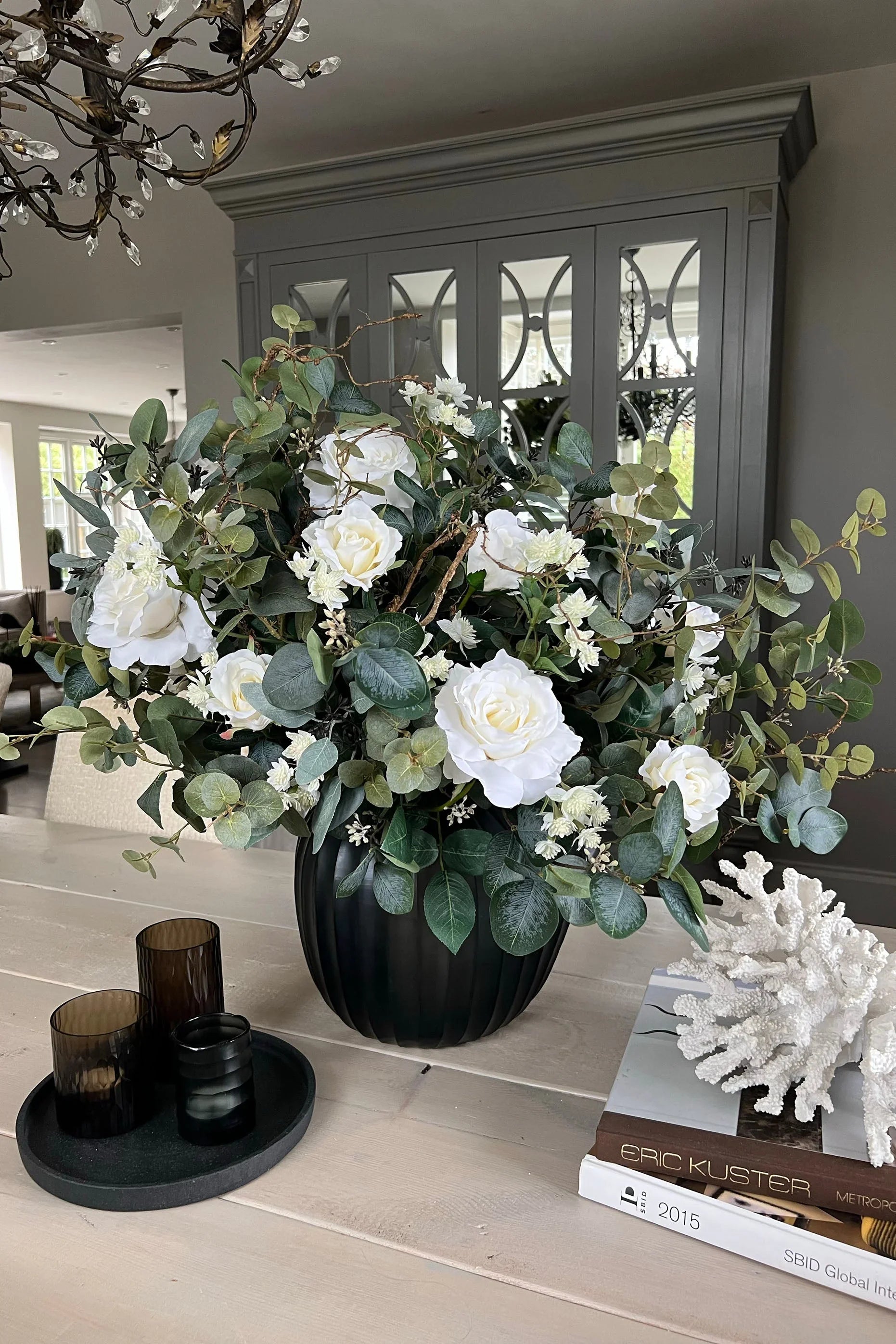 Eucalyptus, Astrantia and  Roses in an Opaque Glass Vase RTfact Flowers 