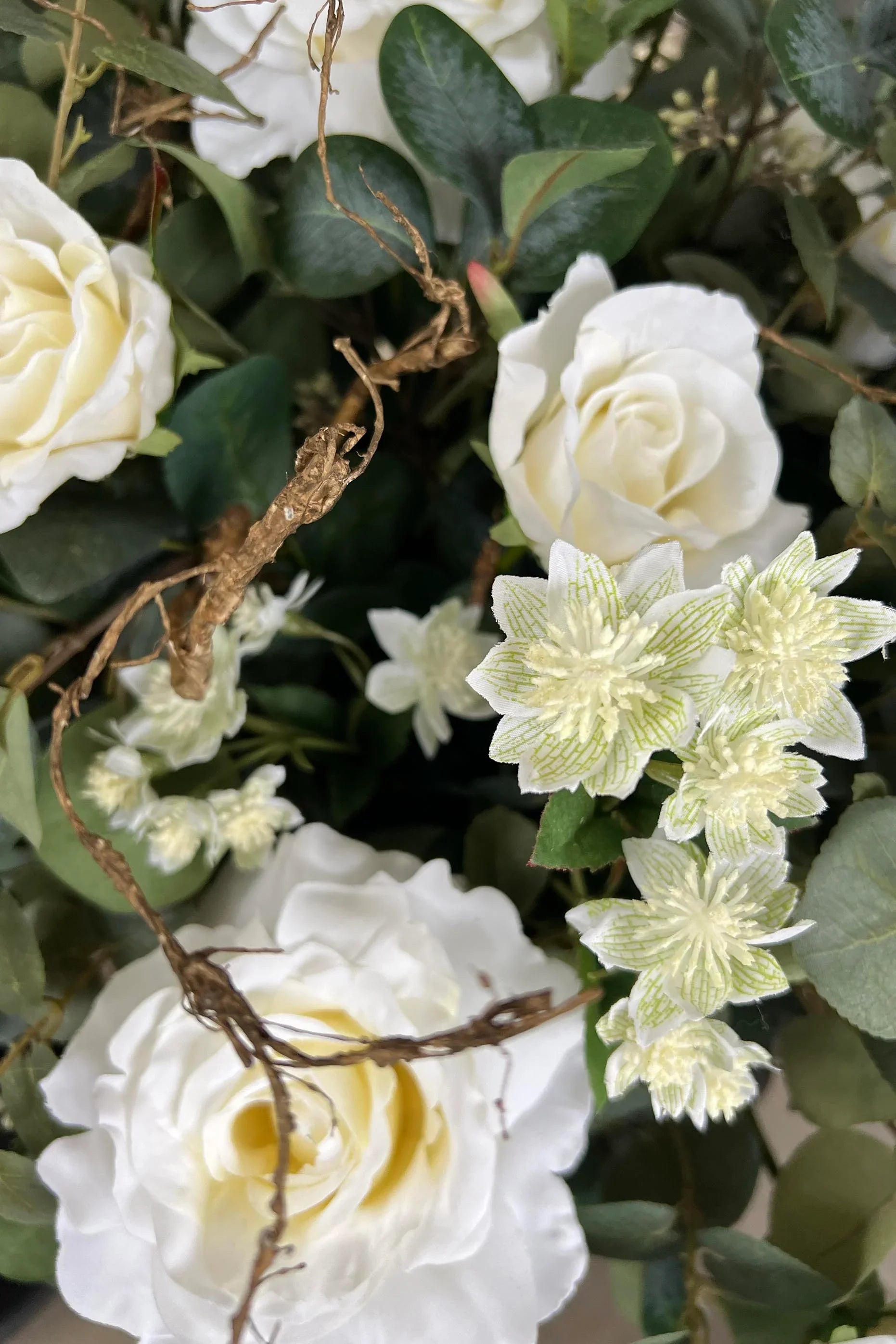 Eucalyptus, Astrantia and  Roses in an Opaque Glass Vase RTfact Flowers 