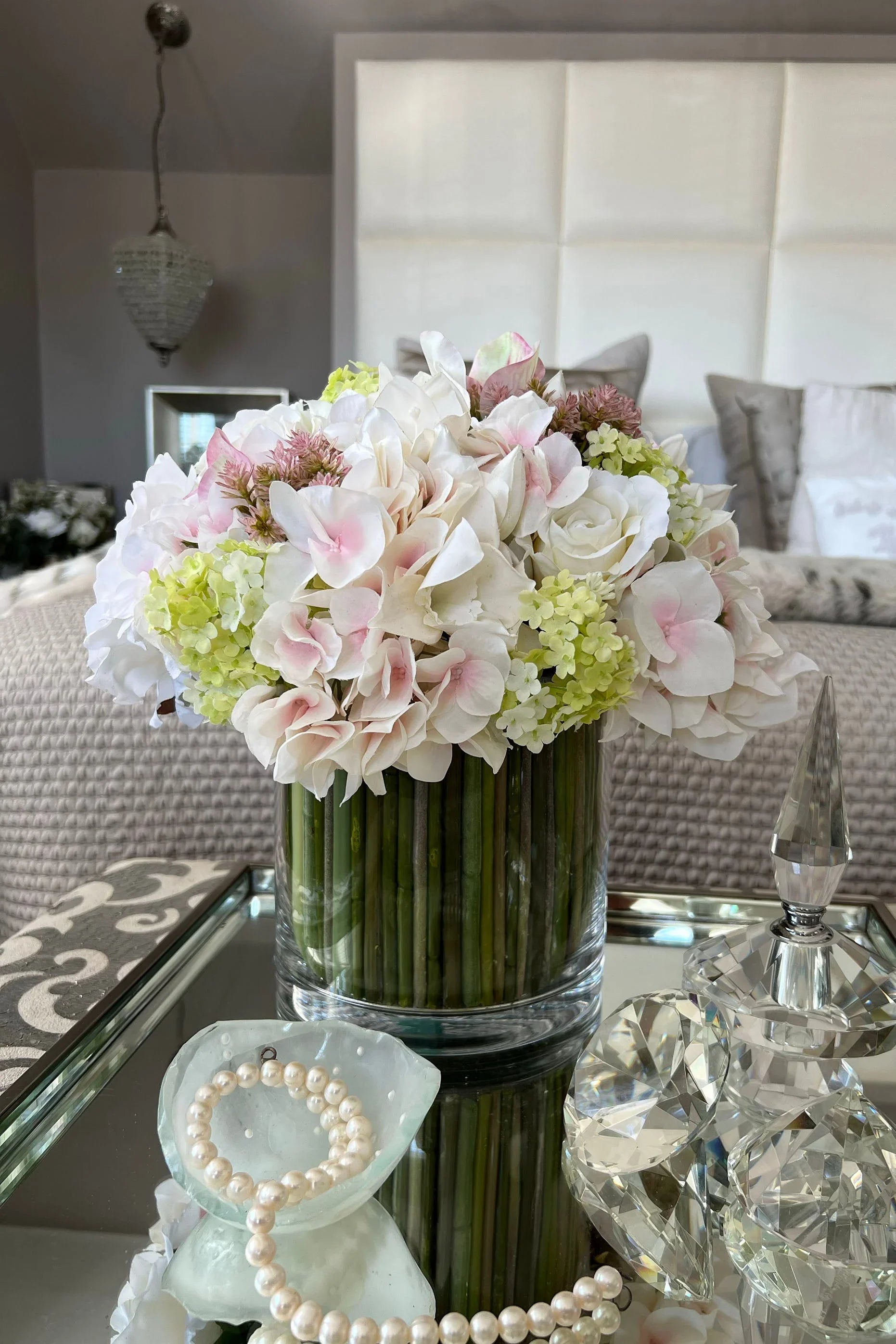 Rose, Hellebore, Hydrangea and Guelder Rose in a Stem Lined Cylinder RTfact Flowers 